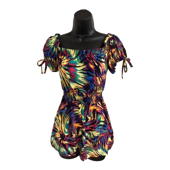 Supercute off the shoulder colorful tie dye look elastic hem romper size large - Picture 11 of 16
